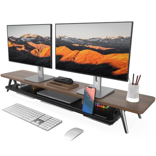 Image of Fenge Dual Monitor Stand, Monitor Stands Riser for 2 monitors, 47.2 Inch Wood Desk Shelf with Storage Organizer and Cable Management for Office Desk Accessories