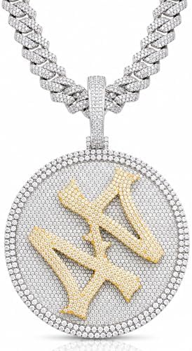 ICEDIAMOND 14K Hip Hop Jumbo 44 Spinner Round Disc Rotating Medal Pendant with Luxury Miami Cuban Link Chain, Gold Plated Iced Out Super Sparkling CZ Diamond Necklace for Men