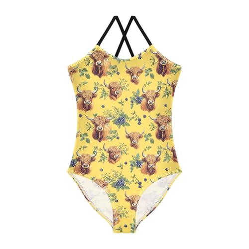 senya Girls Swimsuits One-Piece Swimwear Tie Bathing Suit Beach Summer Round Neck 7-8T Highland Cattle Blueberry Pattern