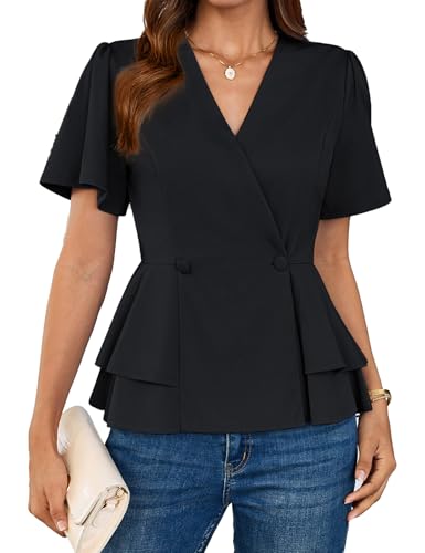 GRACE KARIN Womens Blouses Short Sleeve V Neck Wrap Tops Formal Black Business Work Tops Winter Autumn Slim Fit XL Black-1