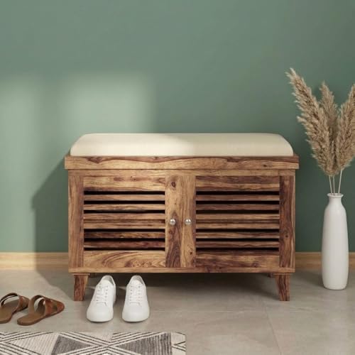 Image of Amazon Brand - Solimo Giljan Solid Sheesham Wood Shoe Storage Cabinet with Seating Bench, Natural Finish, 2 Doors