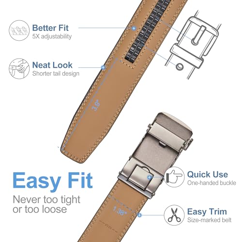 Men's Leather Ratchet Belt, 1-3/8" Wide, Auto Buckle, Trim-to-Fit, No Holes, Casual & Formal, Gift Box2