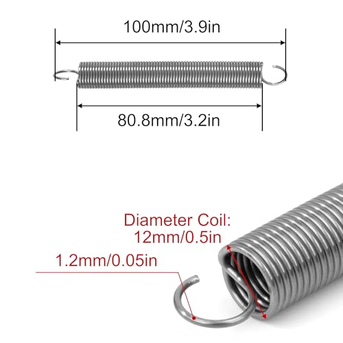GUNGY Zugfedern mit Haken Edelstahl Zugfeder Spannfeder 100mm Außendurchmesser 12mm Drahtdurchmesser 1,2 mm Hakenwinkel 90 Grad Maximale Zugkraft 3,2kg 1,2x12x100mm 4 Stück