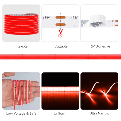 Image of 5mm Red COB LED Strip Light DC24V Narrow Thin Flexible High Density Uniform Cob Strips 16.4FT UL Listed Dimmable CRI 90+ LED Tape Lights for Car Cabinets, No Controller /Adapter