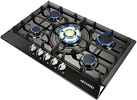 Black Gas Cooktop 30 inch - 5 Burner Built In Gas Cooktop, Titanium Stainless Steel Gas Stoves, Gas Top Stove with Golden Burner, Dual Fuel LPG/NG Convertible Natural Gas Hob, Easy to Clean