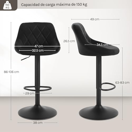WOLTU 2X Taburete de Bar con Respaldo Terciopelo Regulable en Altura Negro BH219sz-2 - imagen 3
