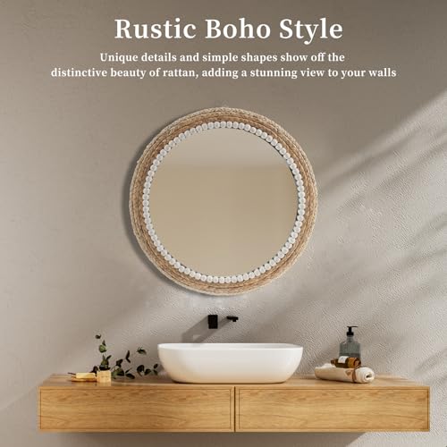18 Inch Boho Wall Mounted Mirror,Decorative Round Rattan Hanging Wall Mirror,Suitable for Farmhouse, Living Room, Bedroom and Bathroom - Image 5