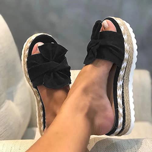 Sandals Women Fashion, Women's Summer Woven Beach Shoes Slip On Wedge Heeled Bow Casual Outdoor Sandals2