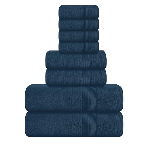Elvana Home 8 Piece Towel Set 100% Ring Spun Cotton, 2 Bath Towels 27x54, 2 Hand Towels 16x28 and 4 Washcloths 13x13 - Ultra Soft Highly Absorbent Machine Washable Hotel Spa Quality - Mineral Blue