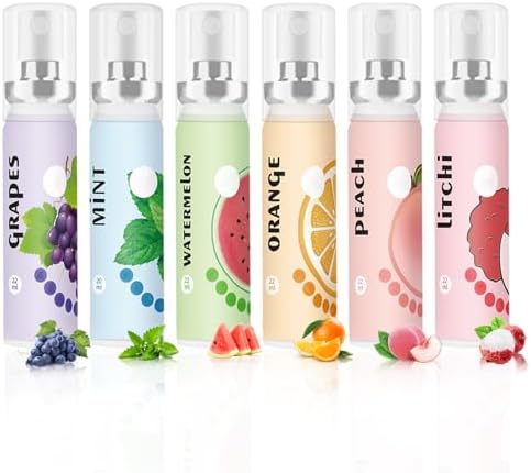 6PCS Fresh Breath Spray,Fruity Flavour Mouth Spray Fresh Breath Freshener Spray Set,Peaches,Oranges,Watermelon,Grapes,Lychee,Mint Spray for Mouth,Fresh Breath Oral Spray for Adults