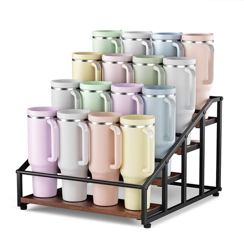 MOJOHAND 4-Tier Stanley Cup Organizer for 16 Tumblers, Natural Wood