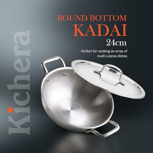 Image of Kichera Triply Stainless Steel Kadai with lid | 24cm /9.4 inch, 2.5Ltr, 1.7kg| Smooth Finished Flat Bottom Induction Deep Fry Kadhai |Ideal for All cooktops Cookware | 3 Layer Kadai for Cooking