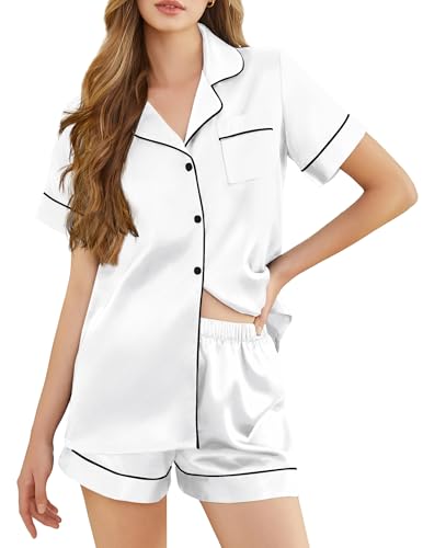 Silk Pajamas for Women Short Sleeve Sleepwear Soft Button Down Loungewear 2 Piece Satin Pjs Shorts Set S-XXL