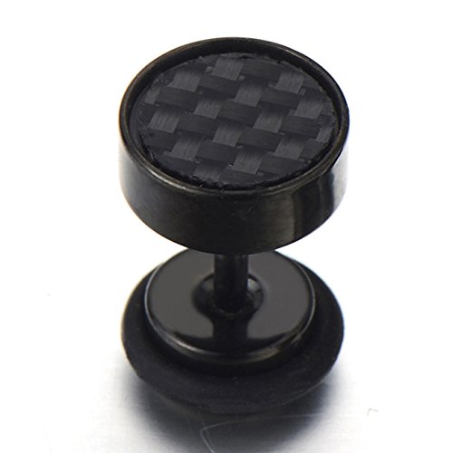 Mens Stud Earrings Stainless Steel Illusion Tunnel Plug Screw Back with Carbon Fiber, 2pcs3