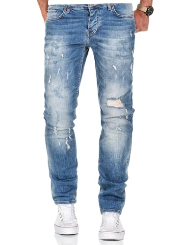 REPUBLIX Herren Männer Regular Straight Fit Destroyed Jeans Hose R7500 Hellblau W40/L32