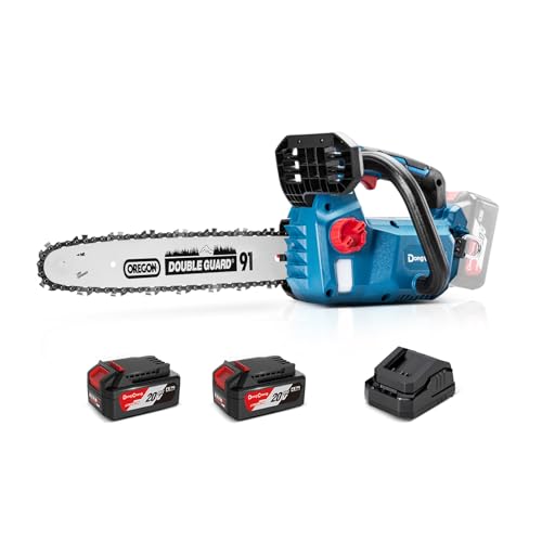 DongCheng Akku Kettensäge 18V, bürstenloser Motor, 2x4000mAh Akku, 12 m/s Kettengeschwindigkeit, 30cm OREGON-schwert/-kette, werkzeuglose Kettenspannung, automatische Kettenschmierung, inkl. Ladegerät
