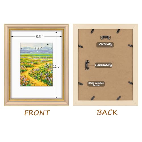 Image of Golden State Art,9x12 Ornate Picture Frame Holds 6x8 Photo,Champagne Gold | Includes real glass front,white mat,build-in hangers and buttons.Displays 6x8 photo on wall