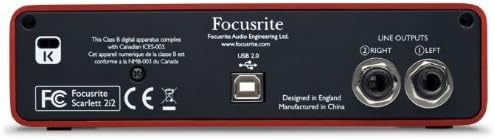 Rear view of Focusrite Scarlett 2i2 (1st Gen) with USB and line outputs