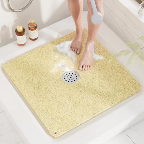 Image of HITSLAM Square Loofah Shower Mat, 24x24 Inch Non Slip Bath Mat, Beige
