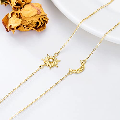 14K Gold Sun And Moon Bracelets For Women Real Yellow Gold Crescent Moon Layered Link Bracelets Christmas/Birthday Gift For Wife Girlfriend Girls Her 7''+1''+1'' Inch (Sun Moon) #TOP4