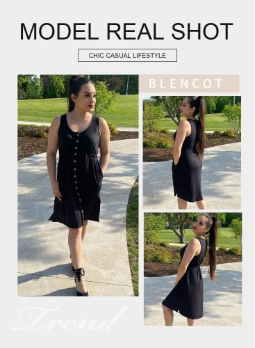 Blencot Women's Casual V Neck Sleeveless Button Down Dress Summer Elastic Waist A-Line Swing Tank Dresses Black M #TOP2