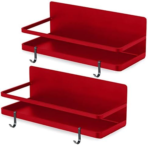 2 Pack - Magnetic Spice Rack, Fridge Organizer Shelf, Side Wall Refrigerator Storage for Spices, Utensils or Plates, Works as Towel Holder with Hooks, Organization for Home and Kitchen (Red)