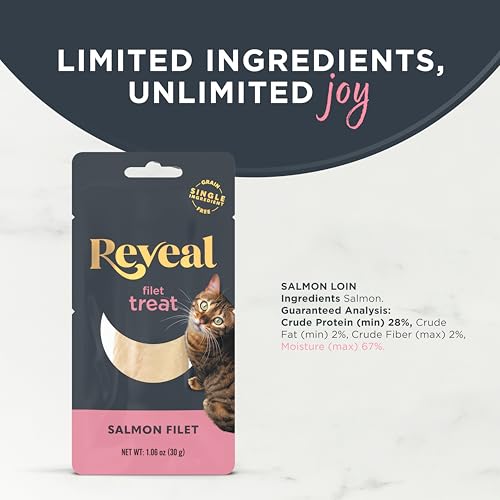 Image of Reveal Natural Cat Treats, 12 Count Single Ingredient Treat for Cats, Grain Free, Whole Salmon Loin, 1.06 oz Bags | 100% Natural, High Quality Protein, Single Ingredient, Grain Free, High Protein, No Fillers, No Artificial Additives