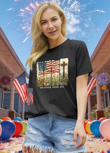 Image of Ithalt Christian Tshirt Womens 4th of July Shirt American Flag T Shirt USA Patriotic Tees Faith Short Sleeve Tops