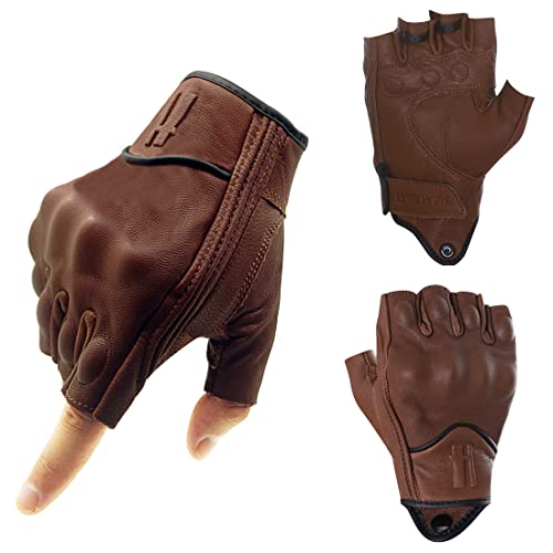 Harssidanzar Mens Gloves Half Finger Goatskin Leather Motorcycle Gloves GM037UK, Saddle, Size M