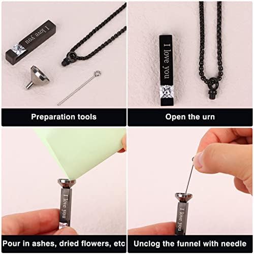 Vergissmeinnicht 4Pcs Urn Necklaces for Ashes Black Silver Cremation Urn Pendant Stainless Steel Memorial Cremation Necklace Forever & Always Keepsake Jewelry with Cubic Zirconia