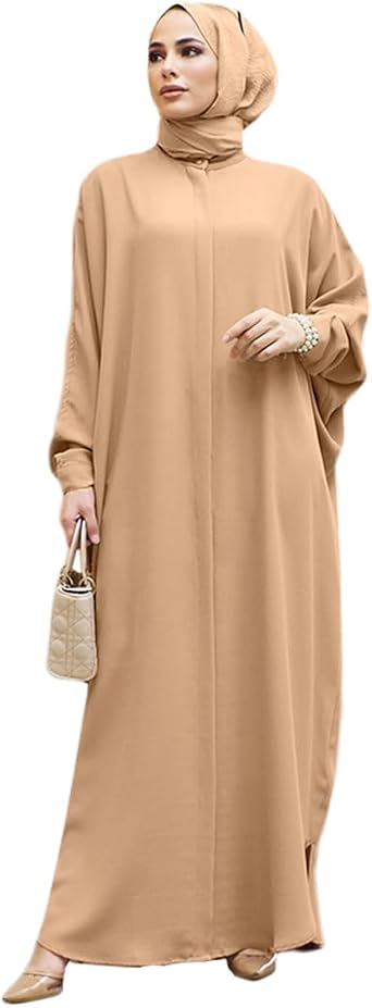 IKADEX Women Batwing Sleeve Abaya Button Loose Fit Long Maxi Muslim Dress Islamic Kaftan Prayer Robe