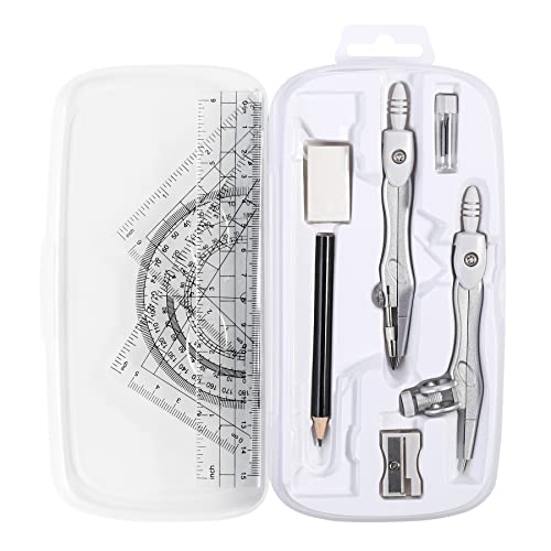 Unjoo Math Geometry Kit Sets 10 Piece Student Supplies with Shatterproof Storage Box,Includes Rulers,Protractor,Compass,Eraser,Pencil Sharpener,Lead Refills,Pencil,for Drafting and Drawings（Grey）