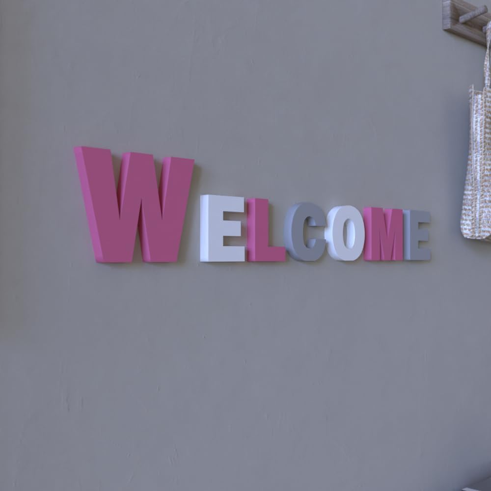 3D WELCOME Letters Sign PVC Wall & Tabletop Decor (W:6in, Others:4in) - Indoor Outdoor Home Wedding Cafe Christmas Decorations with 2 Color Variations(Fuchsia + White + Gray)