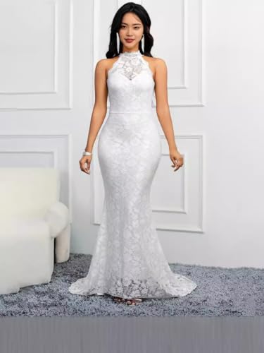 Image of Women's Sexy Plus Size Floral Lace Halter Neck Long Tail Sleeveless Slim Fit Mermaid Wedding Party Dress for Women White