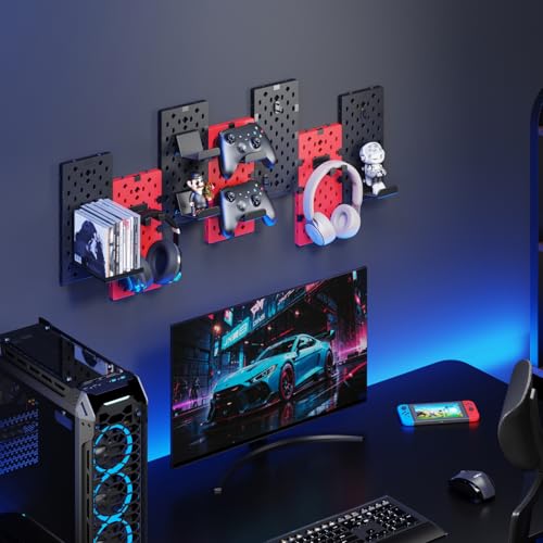 Image of PEGZONE Controller and Headphone Holder Wall Mount, Modular Gaming Pegboard with Accessories, Controller Stand for Xbox PS5 PS4 Switch, Video Game Storage, Disc Shelf, 7pcs Pegboard, Black & Red