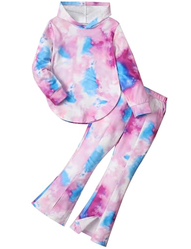 Image of Girls Clothes Tie Dye Sweatsuit Long Sleeve Sweatshirt Tops and Flare Pants 2PCS Girls Fall Clothes