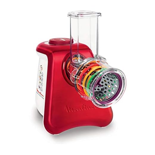 Moulinex DJ812510 Electric Vegetable Slicer Fresh Express Max 5 in 1 Grate Thin Thick Slice Scraping Cheese Mandolin Vegetables Fruit Crushed Ice 260W Red