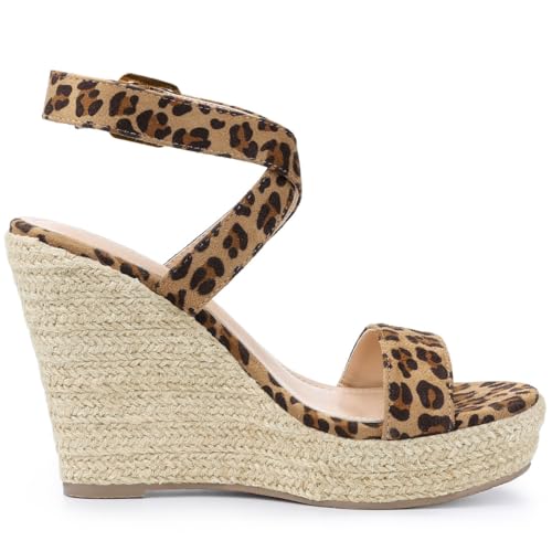Allegra K Allegra K Women's Slingback Crisscross Wedges Heel Leopard Espadrille Sandals - 7.5 M US