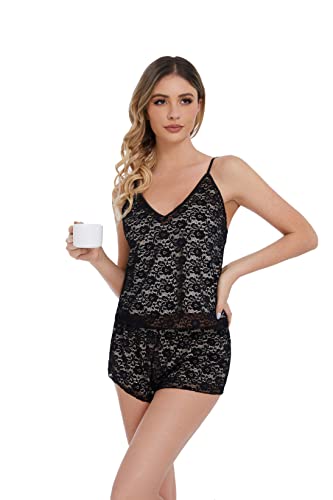 Aceahiha Lace Mesh Women's Cami Pajamas Set V-Neck Sleeveless Tops And Shorts Set Two Piece Adjustable Strap Sleepwear(As1, Alpha, Xx_L, Regular, Regular, Black) #TOP3