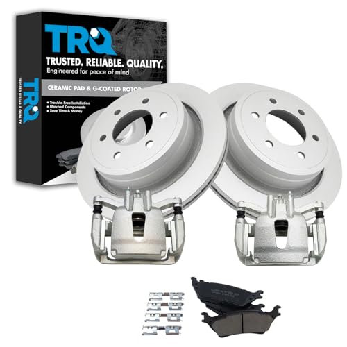TRQ Rear Brake Pad & Rotor Kit Brake Caliper Brake Pads Brake Rotor Ceramic Premium G-Coated Compatible with 2012-2016 Ford F-150