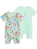 EASWEET Bamboo Viscose Baby Girl Romper Infant Short Sleeve Zipper Baby Jumpsuit, Sprightly Blossom/Green, 12-18 Months