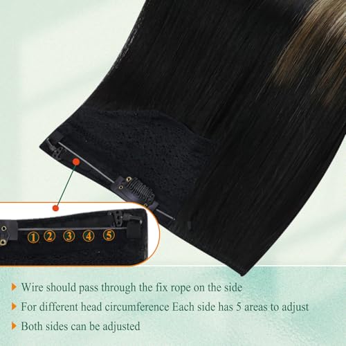 Image of Easyouth Wire Hair Extensions Ombre Black Wire Hair Extensions Real Human Hair Black Ombre Brown with Caramel Blonde Balayage Headband Hair Extension Human Hair Easy to Install 14 Inch 70g