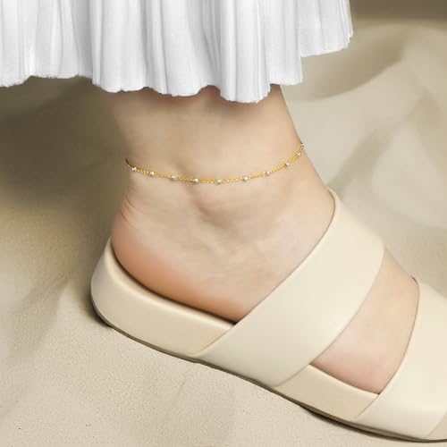 Image of Amberta Italian Sterling Silver Anklet for Women 925 | Adjustable Ankle Bracelets for Women Beaded Heart Summer Jewellery