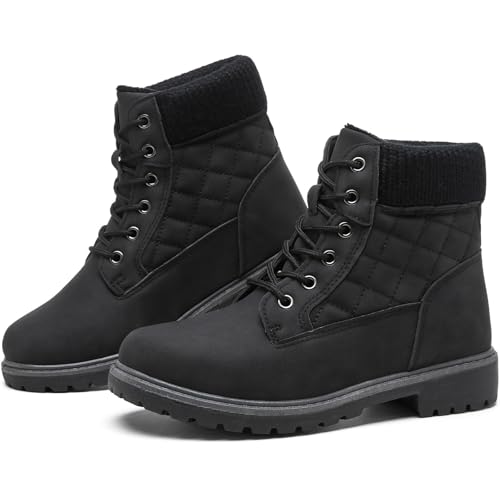 kufeiti Waterproof Ankle Boots for Women Non Slip Black Combat Boots Fall Winter Snow Lace Up Hiking Booties(Black, US11) by kufeiti - Used condition - US$29.99