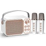 JIEFOCH Karaoke Machine for Kids & Adults, Portable Mini System with 2 Wireless Microphones & Bluetooth Connectivity,Sing Your Heart Out (Retro White)