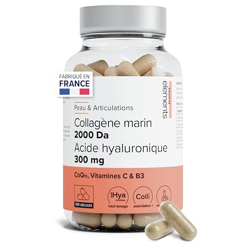 Collagène marin 2000Da + Acide hyaluronique 300mg, haute absorption, types I&III, peau hydratée, Coenzyme Q10, Vitamine C et B3, pêche responsable -100 gélules - Beyond Elements