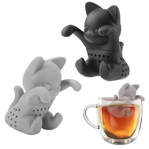 txuzong Filtro per Tè in Silicone 3D a Forma di Gatto - 2 Pezzi con Infusore Rimovibile - per Teiera, Tazza da Tè, Tisane e Caffè Freddo - Facile da Pulire - Regalo per Amanti degli Animali (Nero/Grig