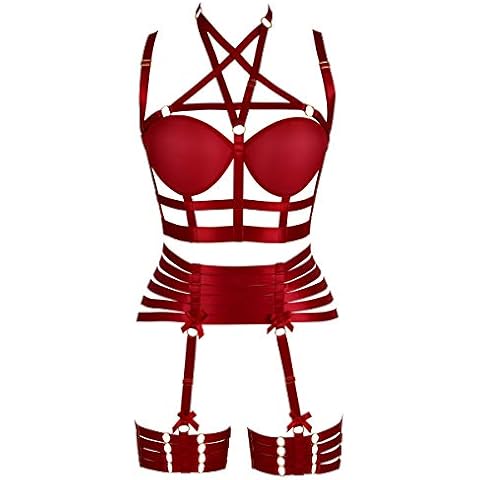 BANSSGOTH Women's Punk Harness Body Pentagram Full Cage Bra Garter Chest Strap Gothic Adjust Plus Size Halloween Festival Rave (Wine red) Cover