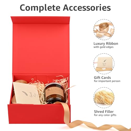 Image of LIFELUM Red Gift Box 8 x 7 x 3 inch, Small Gift Box with lid Magnetic Closure for Presents with Lids Ribbon
