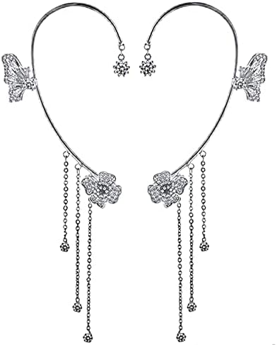 EONLINE Silver Plated Trendy Crystal Diamond Flower Clip On Earrings No Piercing Cuffs Iced Out Zircon Cz Tassel Butterfly Ear Cuff Earring (Silver Butterfly Clip On)